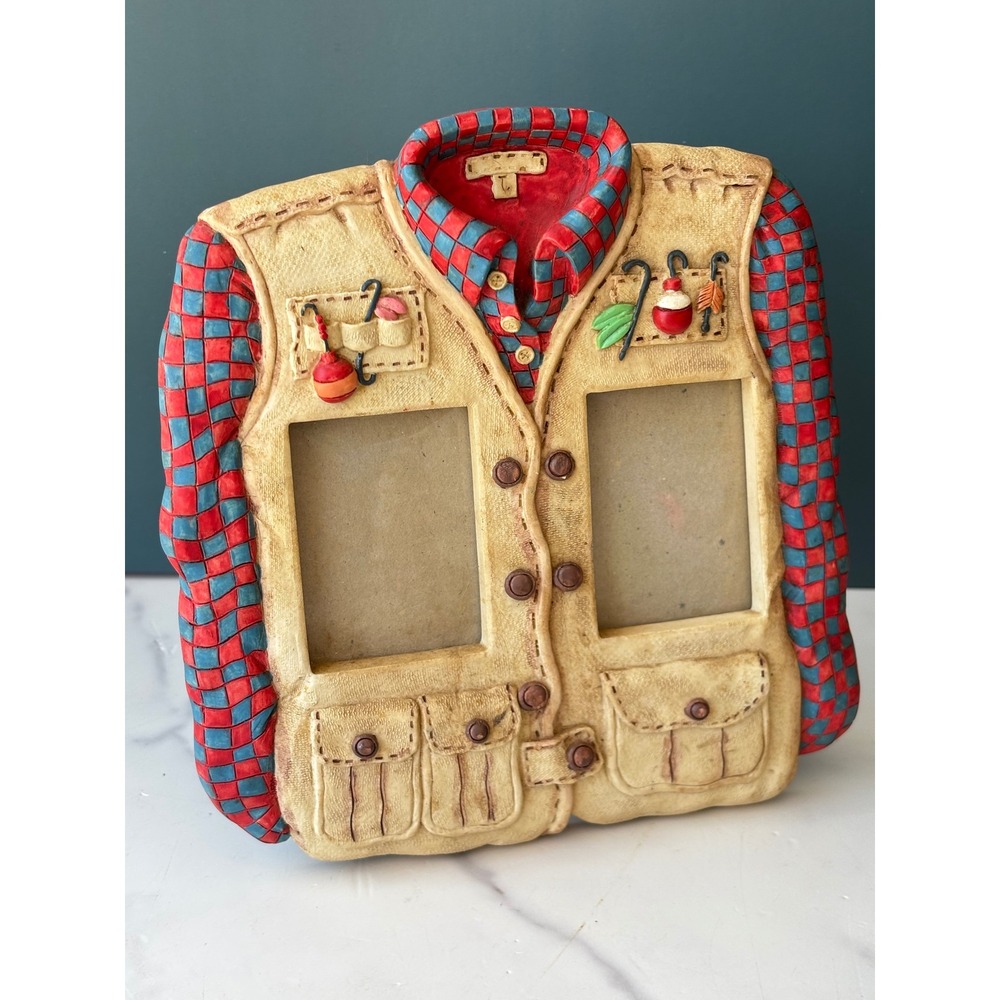 Russ Berrie Fishing Vest Picture Frame Red Plaid Shirt Novelty Double Photo
